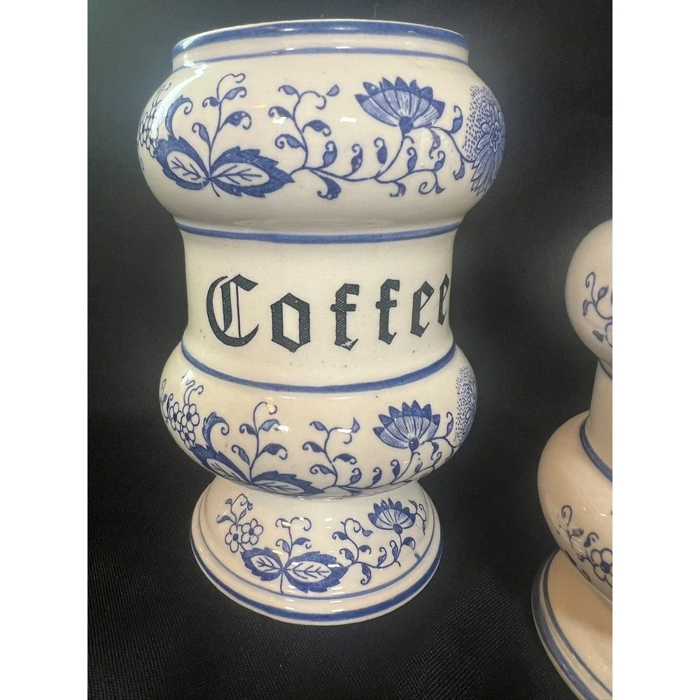 Vintage Blue Onion Style Tea &‎ Coffee Canisters Ceramic Jars Arnart Japan READ